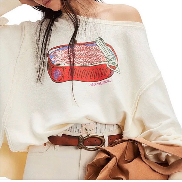 Free People Camden graphic sardine sweatshirt cream white sweater top - Picture 5 of 6